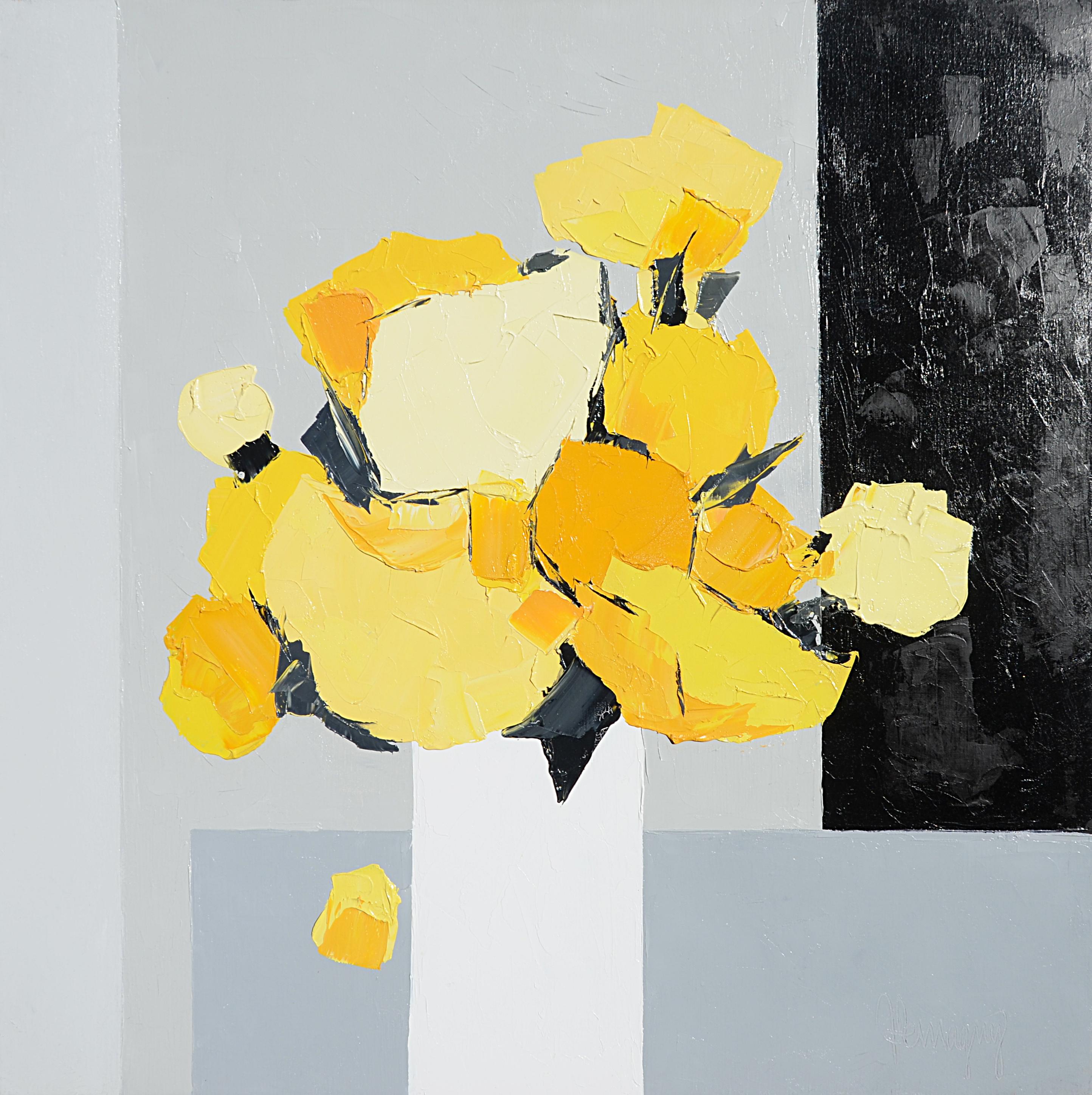 Marcel Demagny Figurative Painting - "Light" ("Lumière"), Yellow Bouquet on Greyscale Background Squared Oil Painting