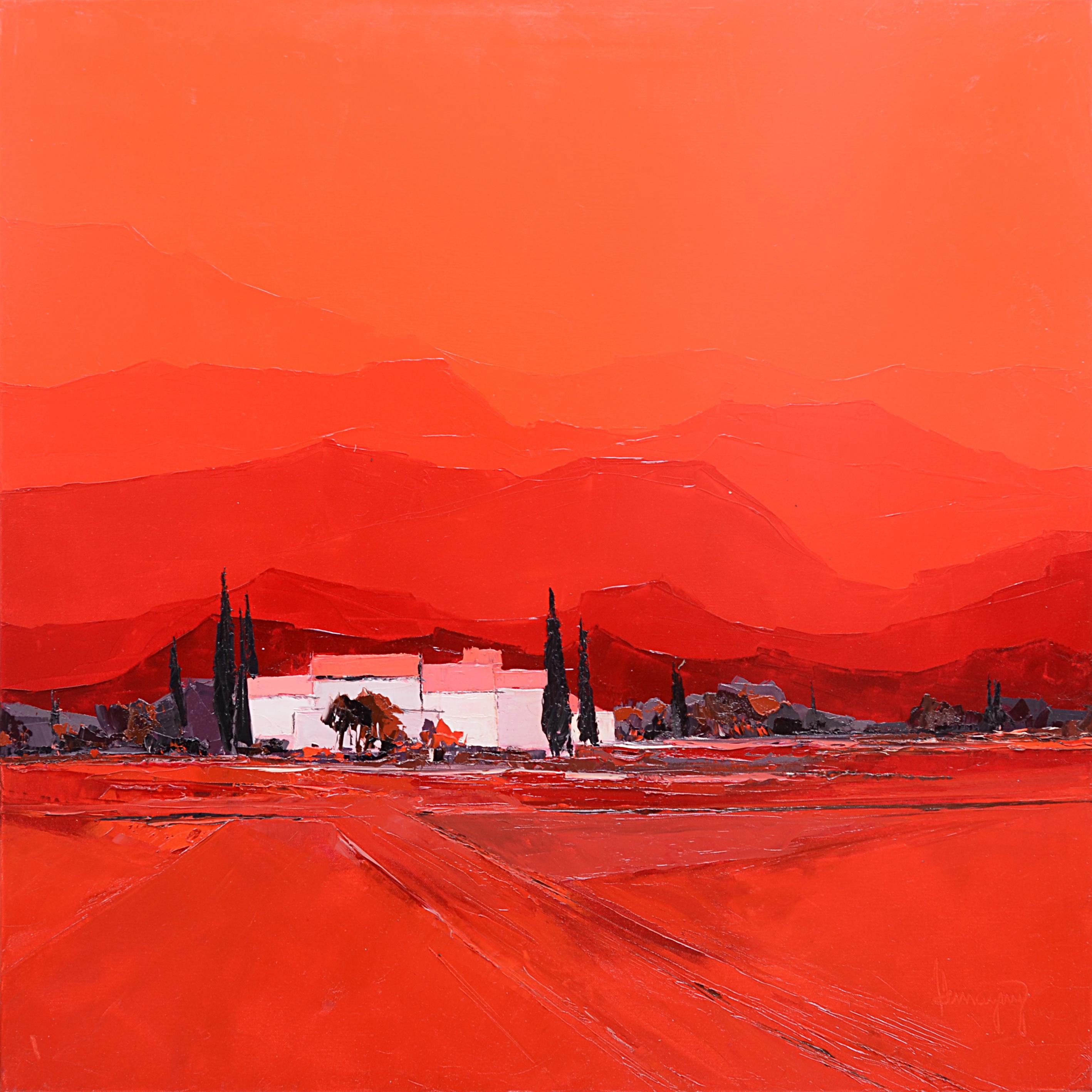 Marcel Demagny Landscape Painting – „Summer Heat“ („Chaleur d't“:: rotes:: quadratisches Ölgemälde mit Landschaftsmotiv