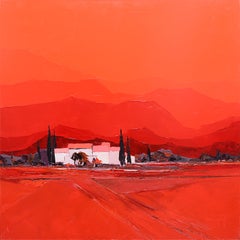 „Summer Heat“ („Chaleur d't“:: rotes:: quadratisches Ölgemälde mit Landschaftsmotiv