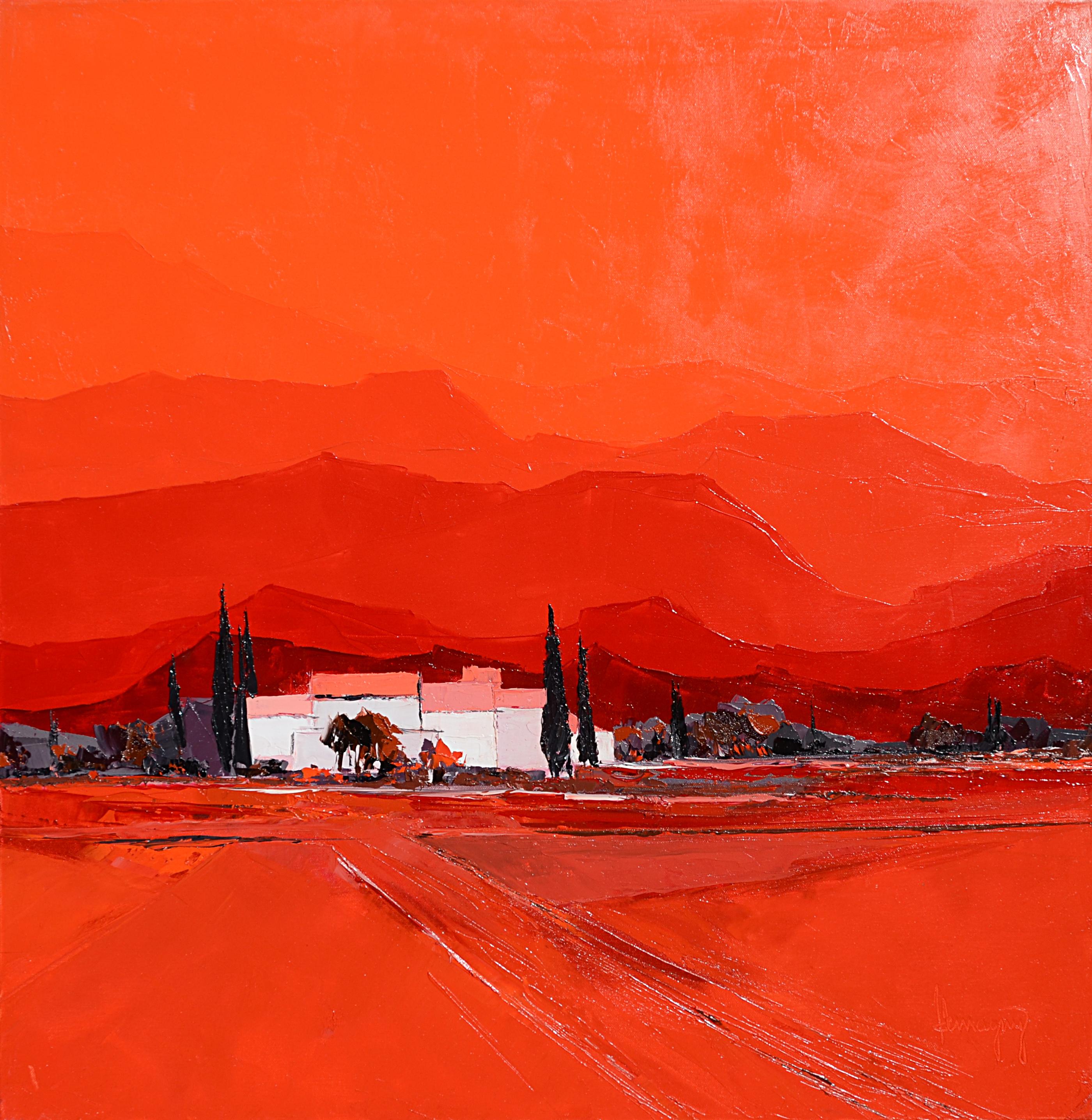 „Summer Heat“ („Chaleur d't“:: rotes:: quadratisches Ölgemälde mit Landschaftsmotiv – Painting von Marcel Demagny