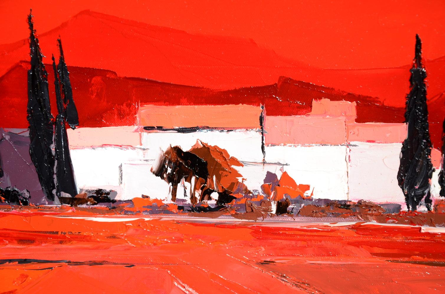 „Summer Heat“ („Chaleur d't“:: rotes:: quadratisches Ölgemälde mit Landschaftsmotiv (Zeitgenössisch), Painting, von Marcel Demagny