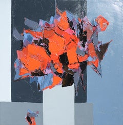 "Rotes Funkeln" ("Éclat rouge"), Rötlicher abstrakter Strauß im Quadrat Ölgemälde