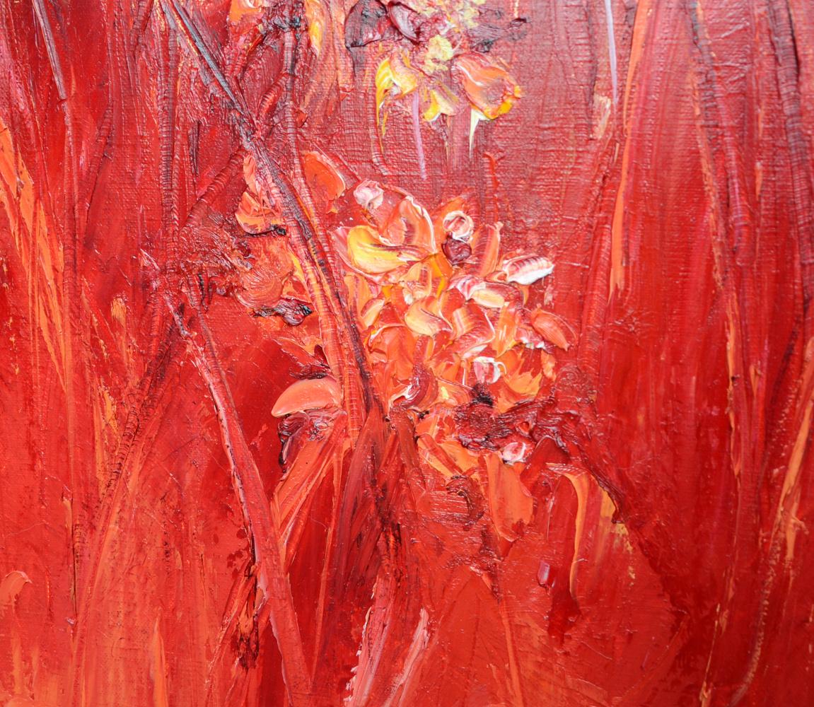 A bush of frank red grasses with lots of reliefs on a sky gilded with 22 carat gold.  Is it a blaze, or is it a sunset ?  In any case, it will undoubtedly bring warmth wherever it is installed.

This piece is not framed.

Chicorée is a French