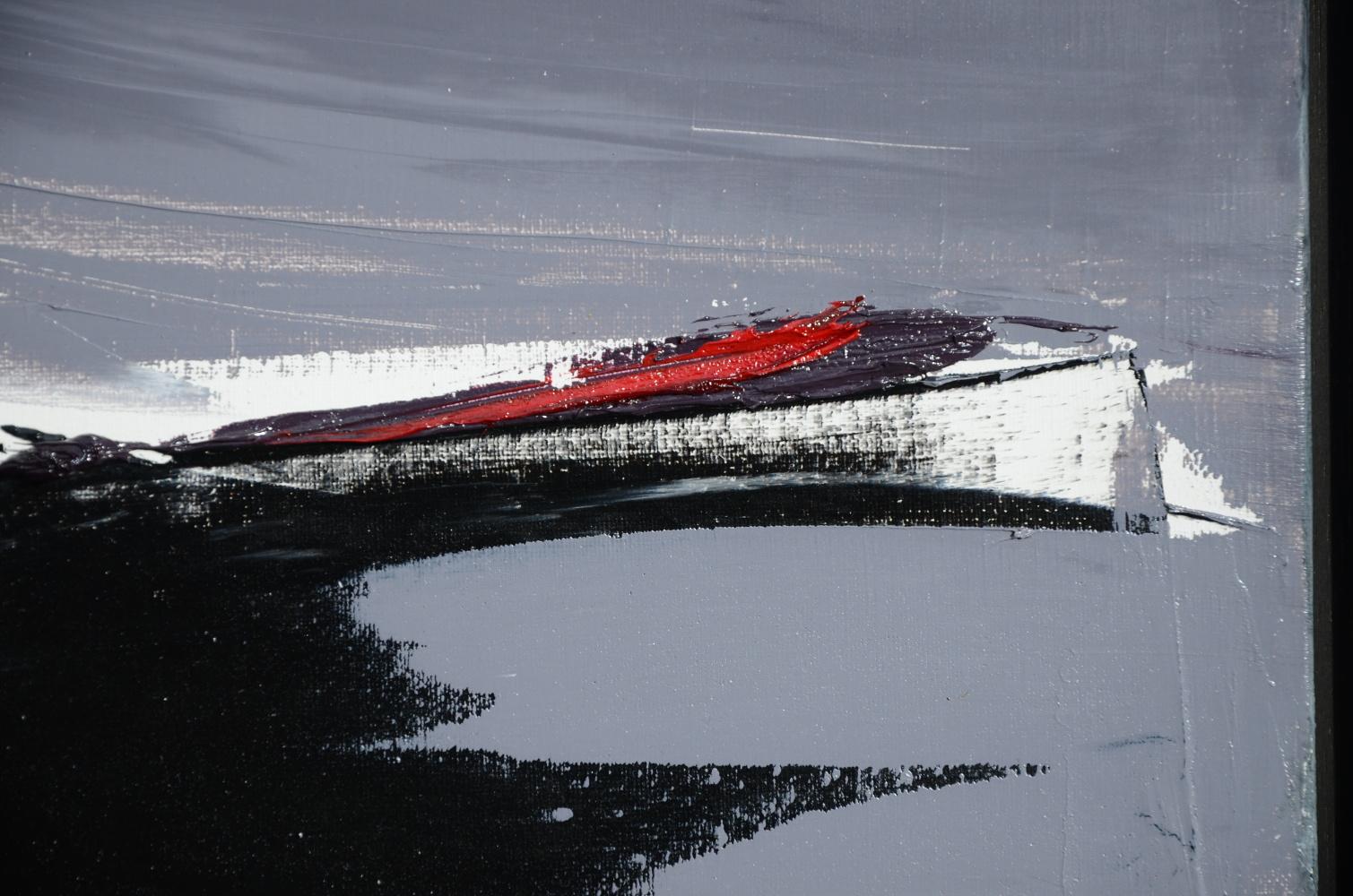 Abstraktes Ölgemälde in Schwarz und Weiß auf Grau mit Lila und Rot, ohne Titel im Angebot 2