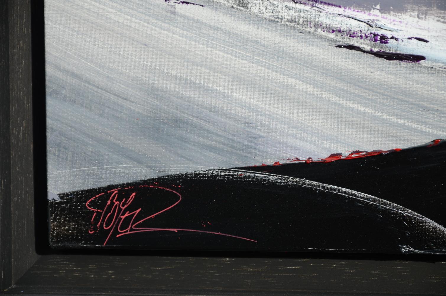 Peinture à l'huile abstraite en noir et blanc sur gris avec violet et rouge, sans titre en vente 2