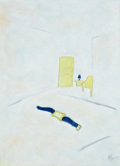 "Futures", Oil Painting, Blue and Yellow Watch and Furniture on White Background