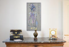 Lila 31, Mujer desnuda y pensativa de espaldas, rosa claro y azul sobre gris