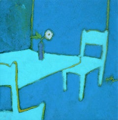 In Thought ("En pensée"), Blue and Cyan Interior Painting with Lone White Flower