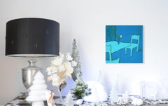 In Thought ("En pensée"), Blue and Cyan Interior Painting with Lone White Flower