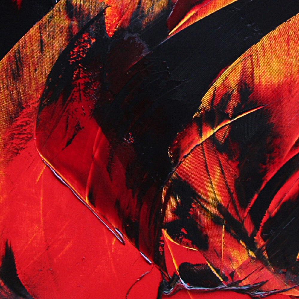 Peinture à l'huile abstraite noire sur rouge jauneâtre puissante, sans titre - Abstrait Painting par Jean Soyer