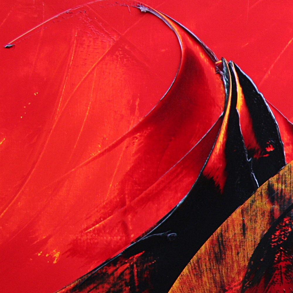 Peinture à l'huile abstraite noire sur rouge jauneâtre puissante, sans titre - Rouge Abstract Painting par Jean Soyer