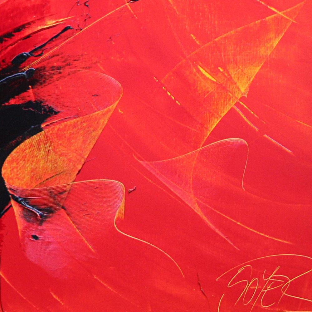 Pittura ad olio astratta di colore nero su rosso giallastro, Senza Titolo 1