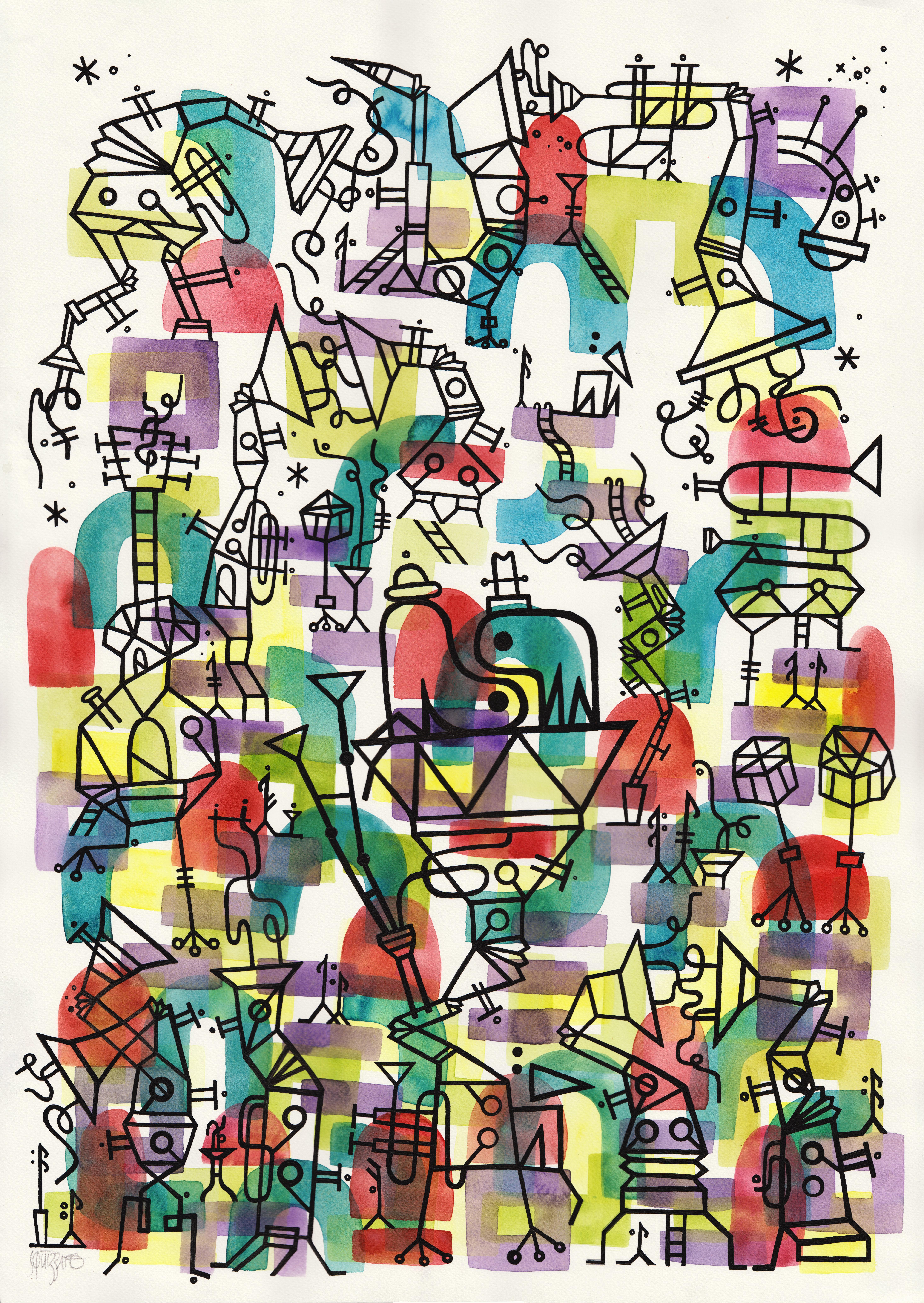 Antony Squizzato Abstract Drawing - Herbie's Playground, Large Watercolors and Ink on the Jazz Theme