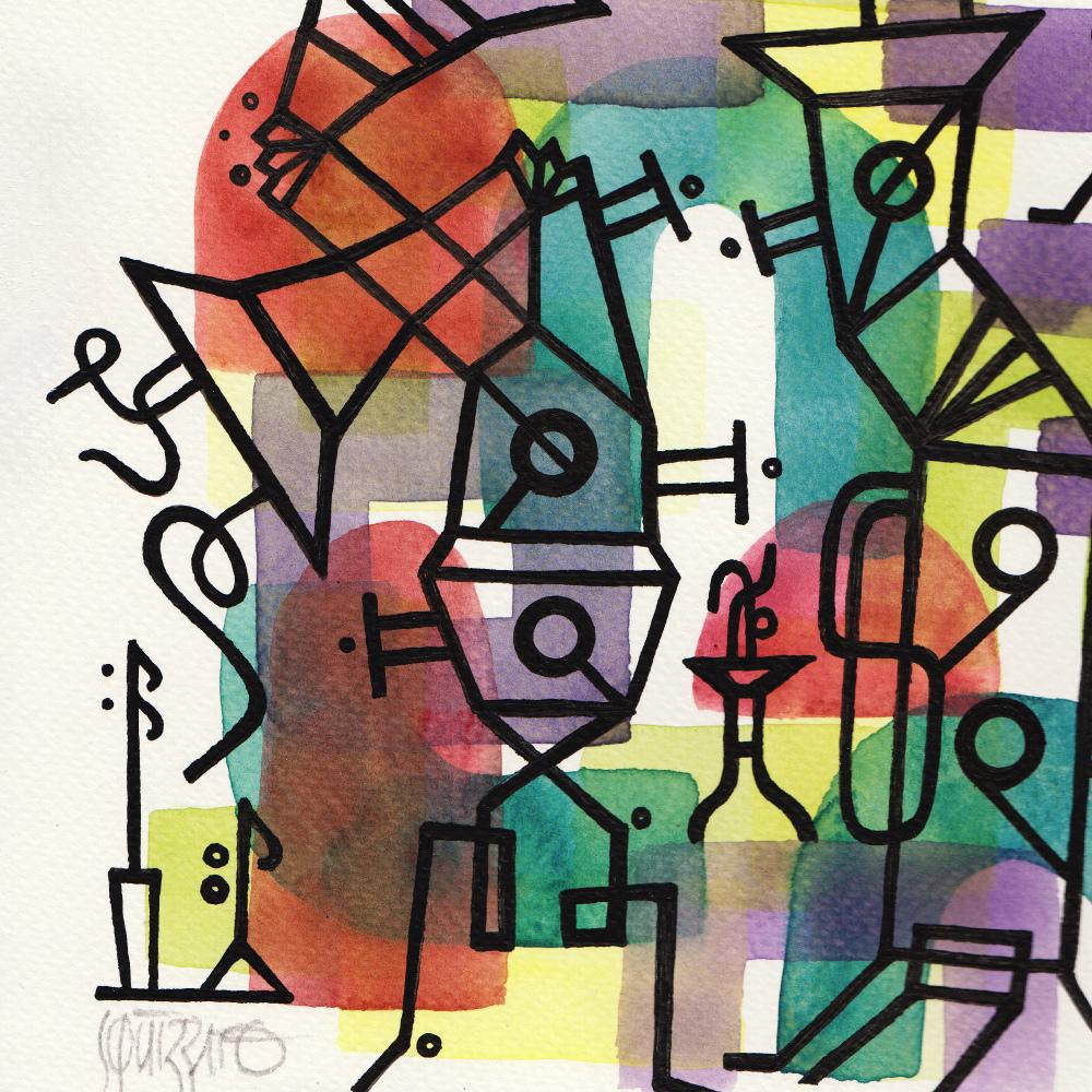 Große Aquarelle für Jazz-Liebhaber! 

Die tanzenden Figuren mit Hüten sind von einer seltsamen Maschine aus Musikinstrumenten umgeben. Geometrische Formen aus gelben:: roten:: blauen und violetten Farben erzeugen eine Synthese der Synthese. Der