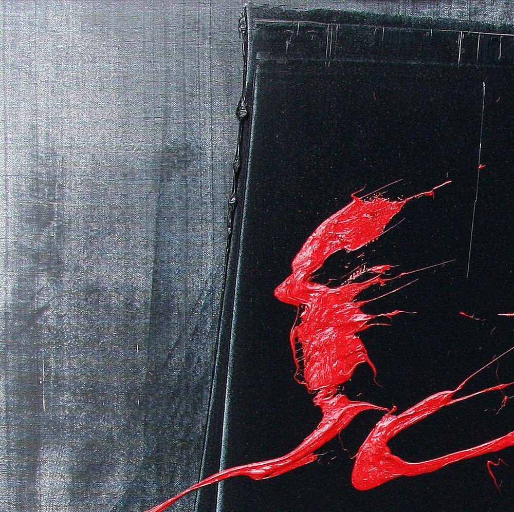 Abstraktes Ölgemälde mit roten Ideogrammen auf schwarzem und grauem Hintergrund, ohne Titel im Angebot 2