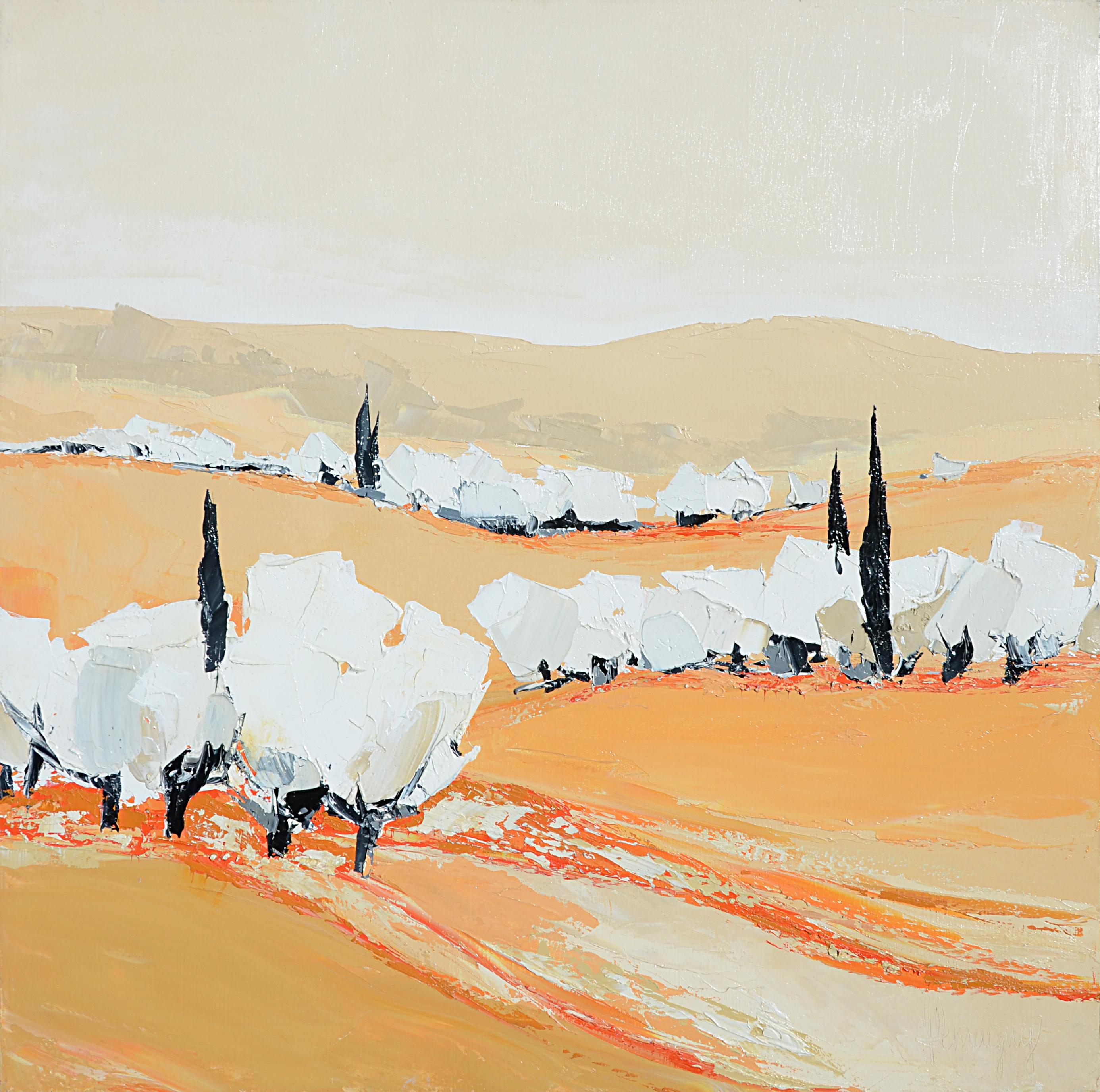 Marcel Demagny Figurative Painting – ""Day Softness"" ("Douceur du jour") Weiße Bäume Landschaft Quadratisches Ölgemälde