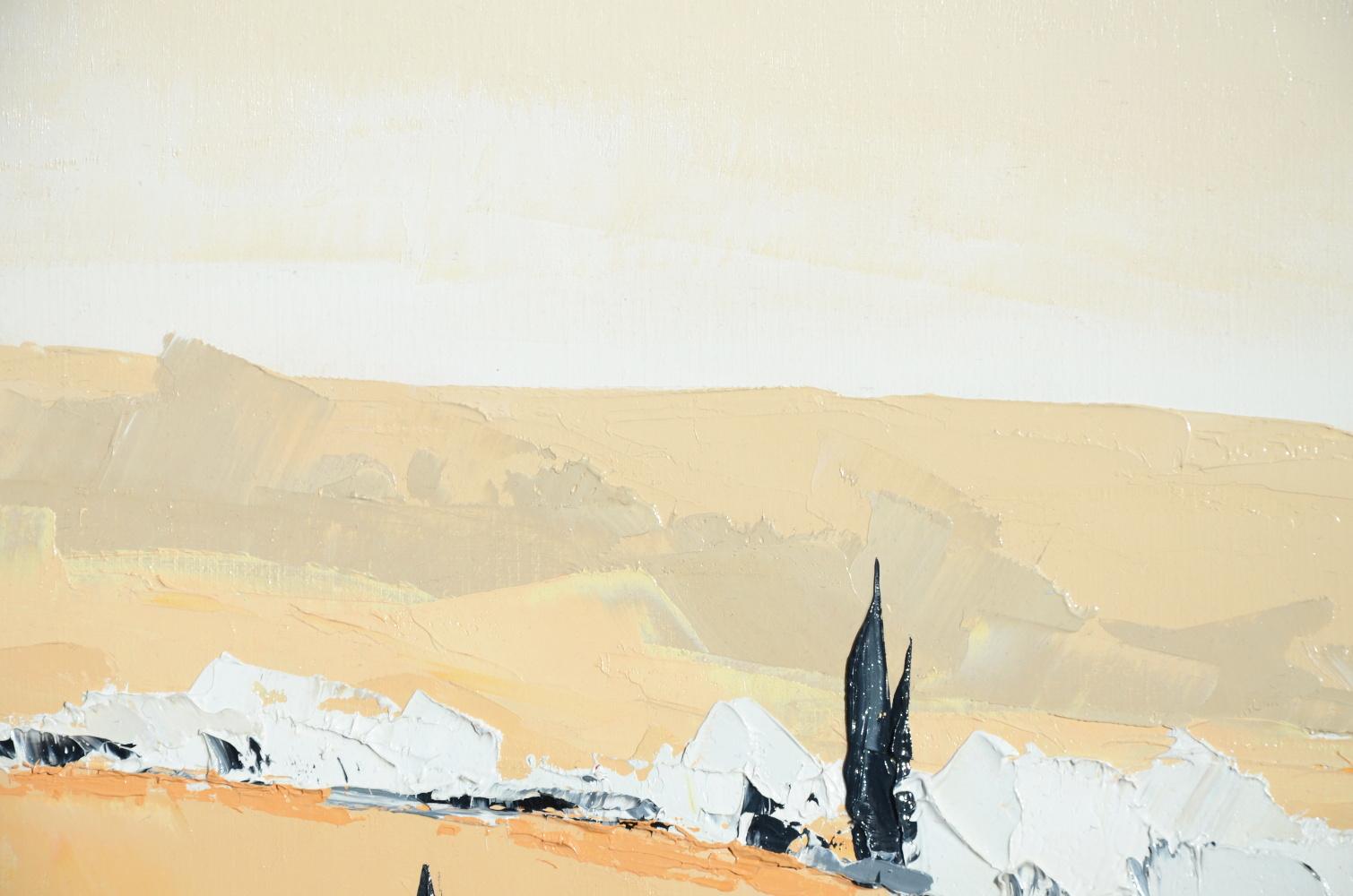 No photograph will ever give this artwork enough credit.  It pictures three ranges of white trees with dark trunks, on different distances, mixed with a few black cypresses, and vague hills in the background.  The sky is not clear, but not heavy