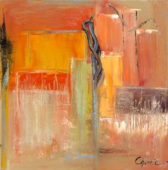 "The Tree" ("L'arbre"), Orange Abstract Squared Oil Painting