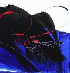 Red, Black and Blue on White Background Abstract Squared Oil Painting, Untitled