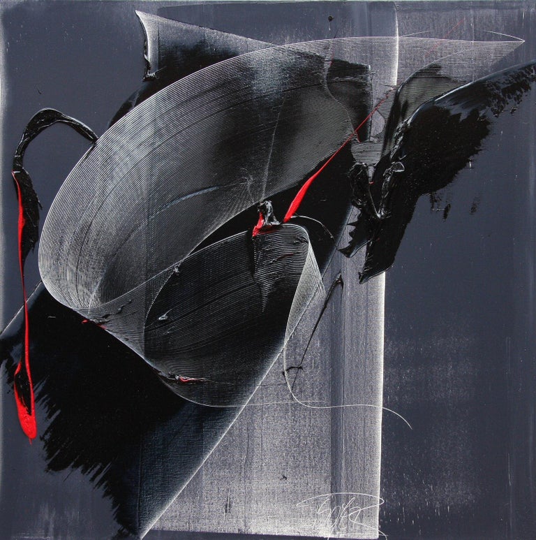 Shades of Grey with Red Touches Abstract Squared Oil Painting, Untitled 1