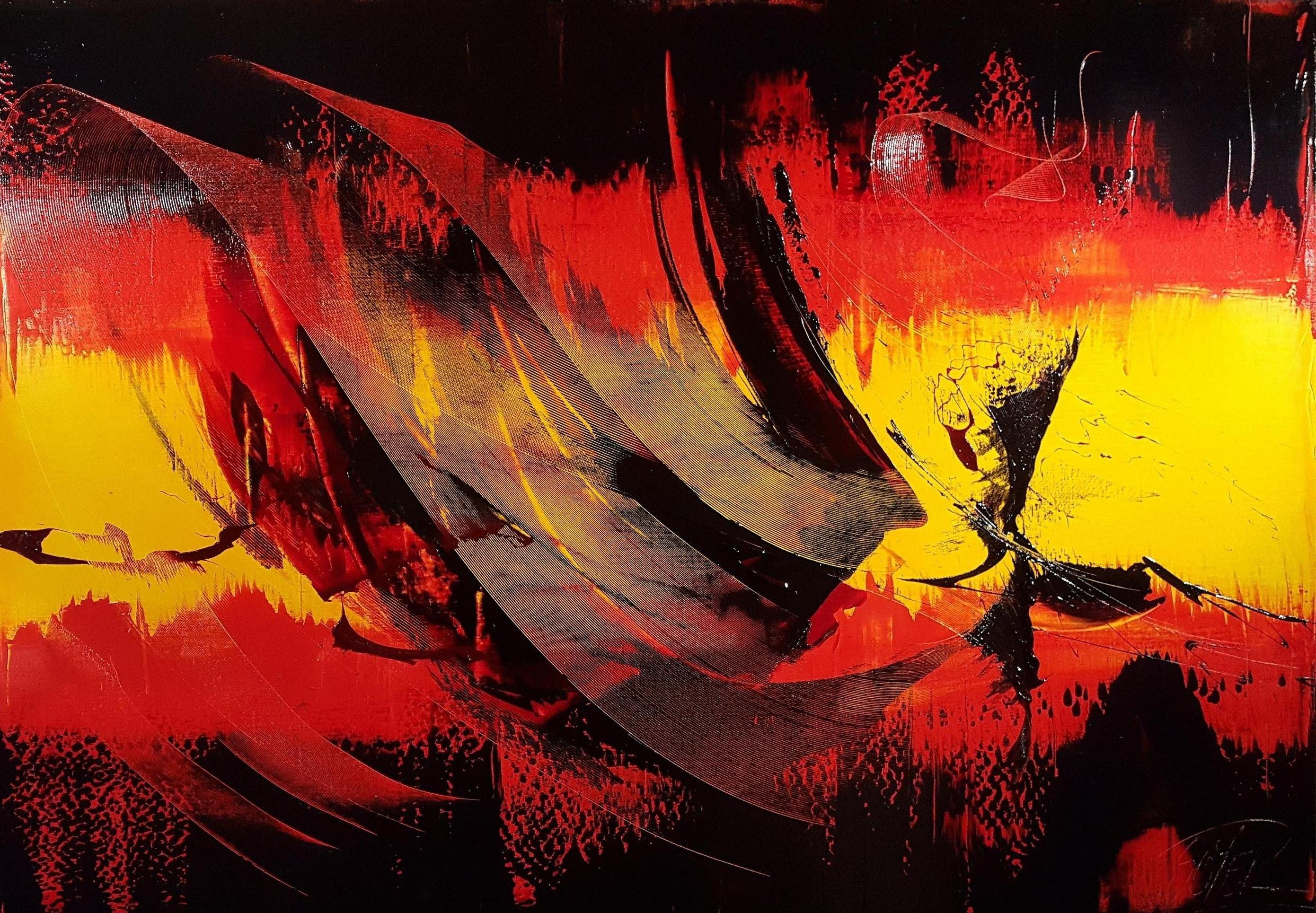 Großes Ölgemälde, schwarz auf rot und gelb, lyrische Abstraktion, ohne Titel – Painting von Jean Soyer