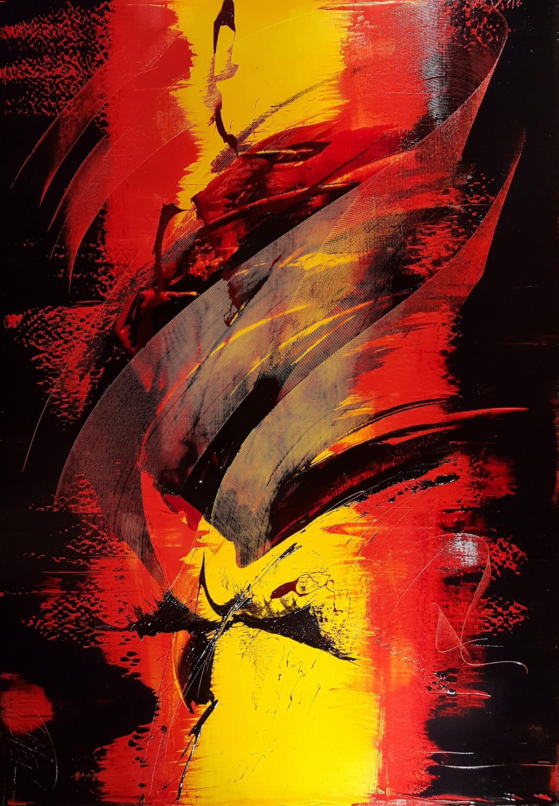 Jean Soyer Abstract Painting – Großes Ölgemälde, schwarz auf rot und gelb, lyrische Abstraktion, ohne Titel