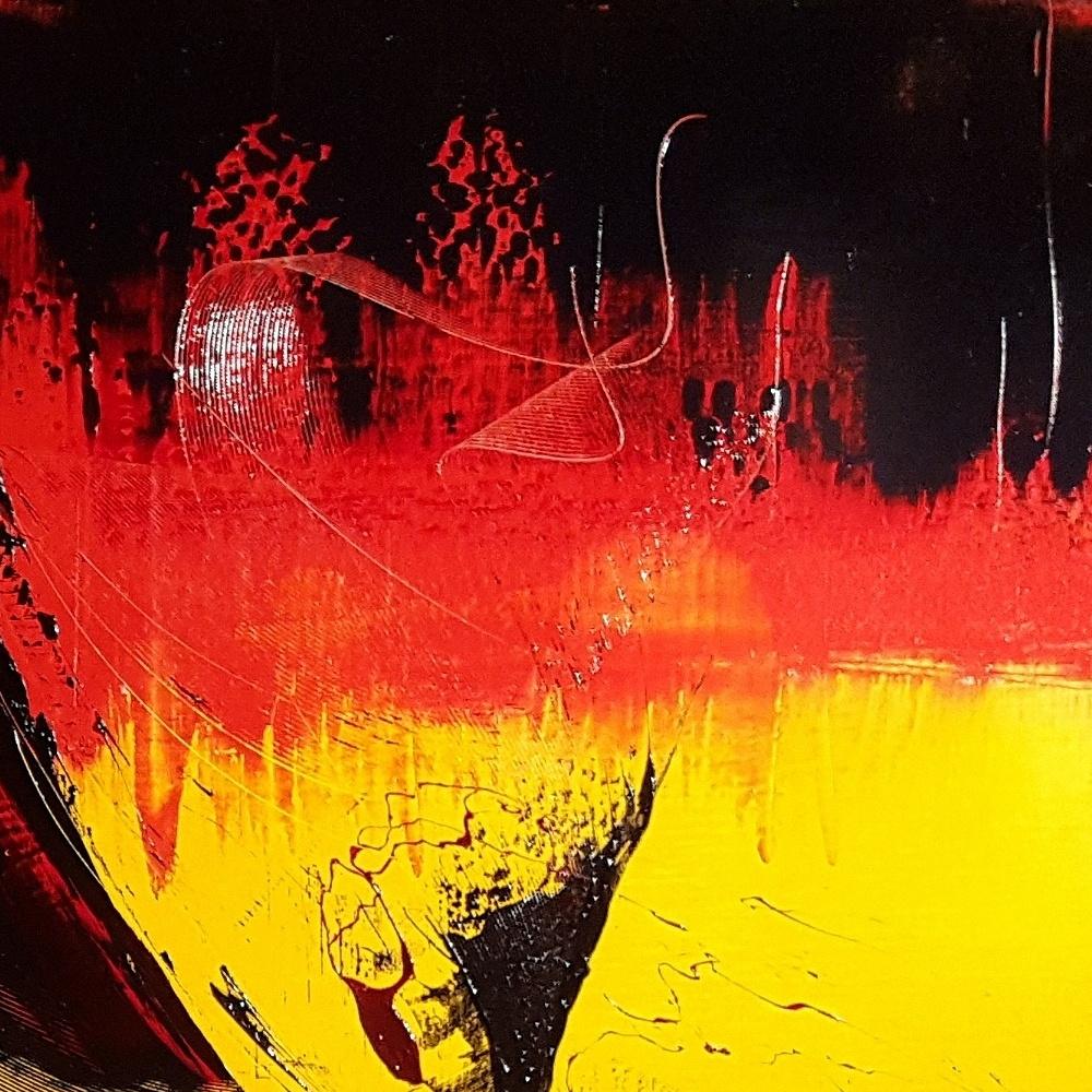 Großes Ölgemälde, schwarz auf rot und gelb, lyrische Abstraktion, ohne Titel 3