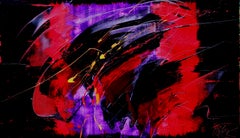 Yellow, Red and Purple on Dark Background Large Abstract Oil Painting, Untitled