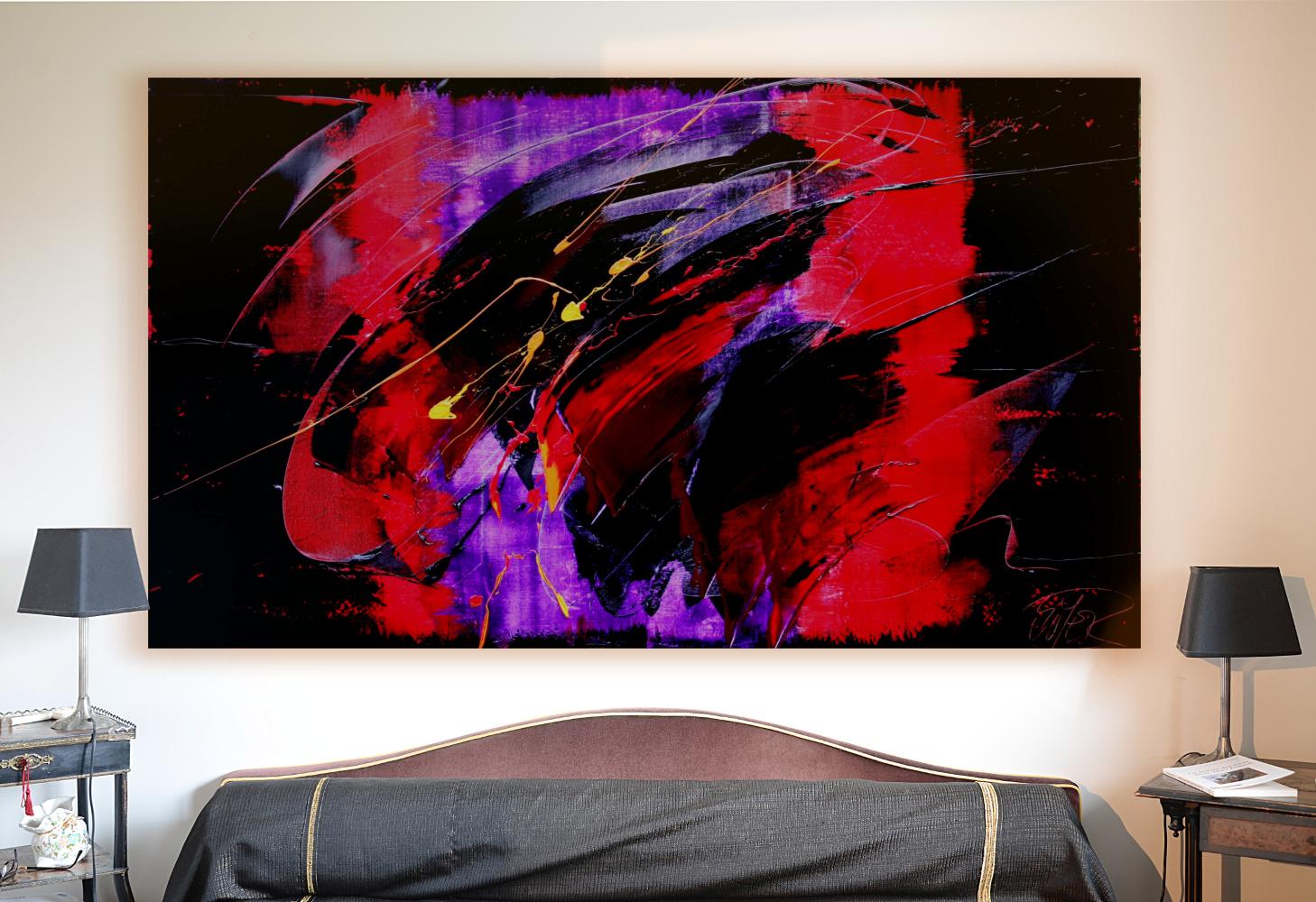 Yellow, Red and Purple on Dark Background Large Abstract Oil Painting, Untitled - Black Abstract Painting by Jean Soyer