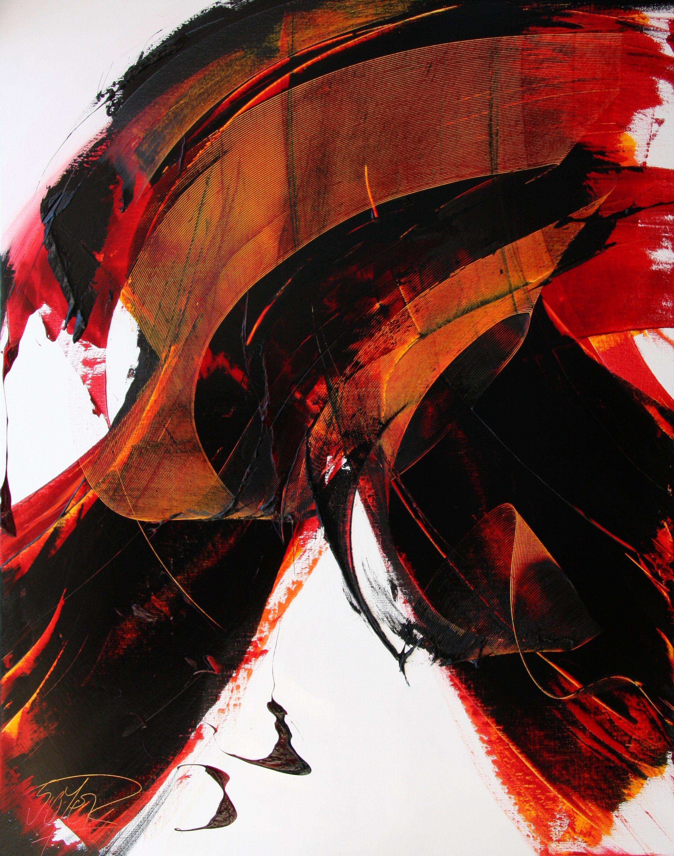 Jean Soyer Abstract Painting – Schwarz-Rotes Ölgemälde, gemischt auf weißem Hintergrund, lyrische Abstraktion, ohne Titel