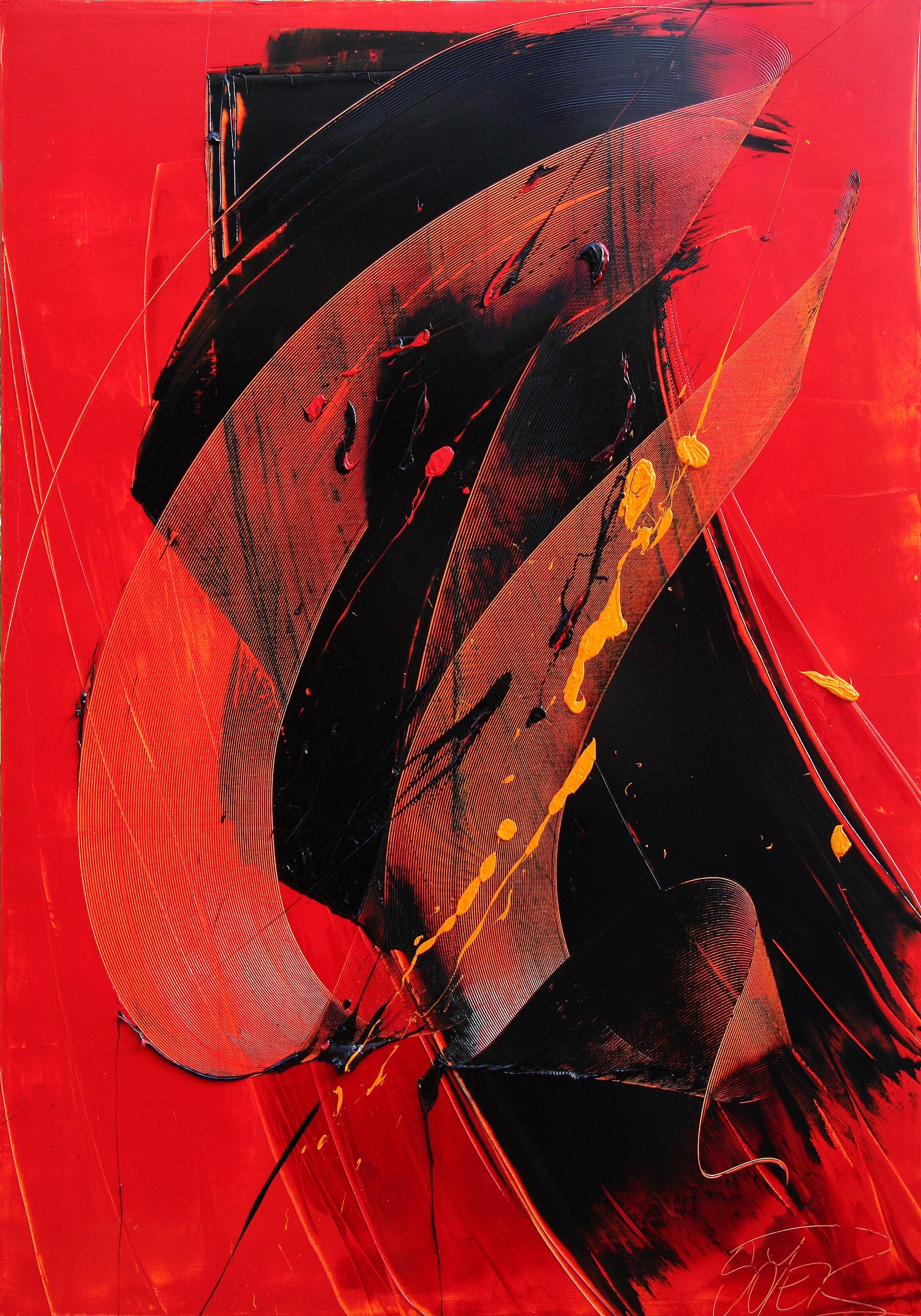 Jean Soyer Abstract Painting – Gelbes:: schwarzes und rotes Ölgemälde mit lyrischer Abstraktion:: ohne Titel