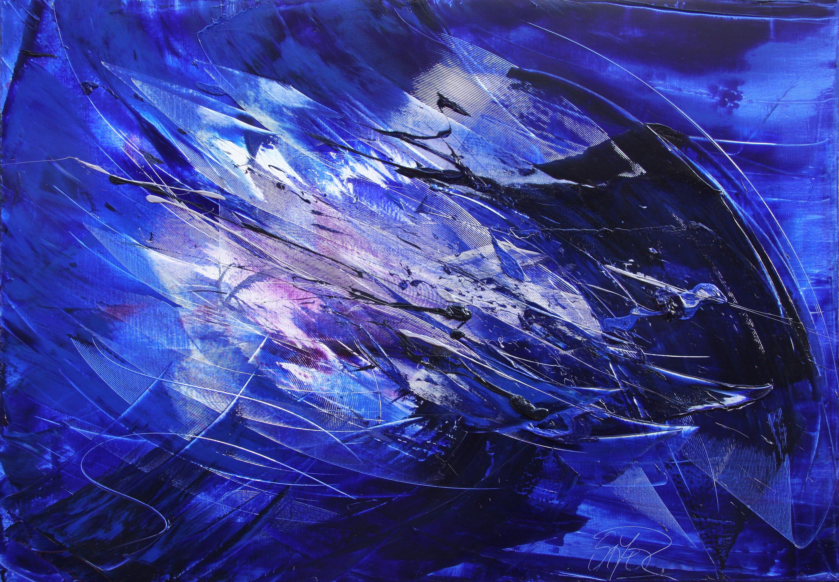 Jean Soyer Abstract Painting - Blue, White and Purple Blizzard-like Lyrical Abstraction Oil Painting, Untitled