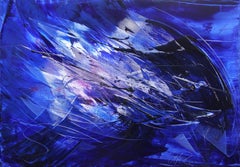 Blue, White and Purple Blizzard-like Lyrical Abstraction Oil Painting, Untitled