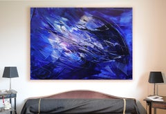 Blue, White and Purple Blizzard-like Lyrical Abstraction Oil Painting, Untitled