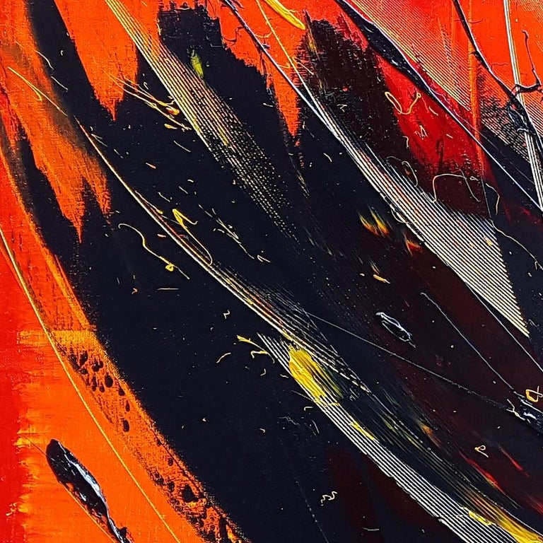 Jean Soyer Yellow and Black on Red Lyrical Abstraction Oil Painting