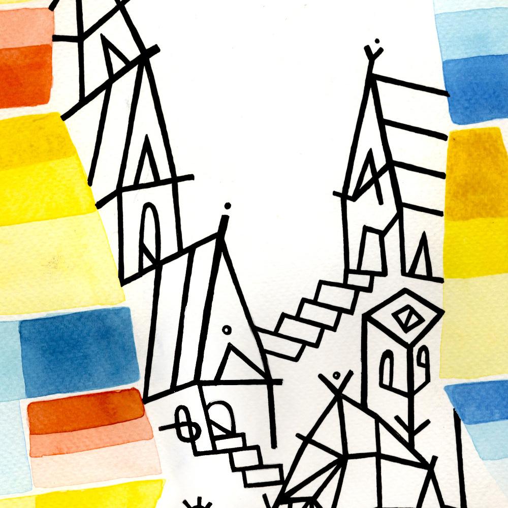 Once Upon a Valley, große blaue, gelbe, rote und schwarze Aquarelle und Tinte (Gelb), Abstract Drawing, von Antony Squizzato
