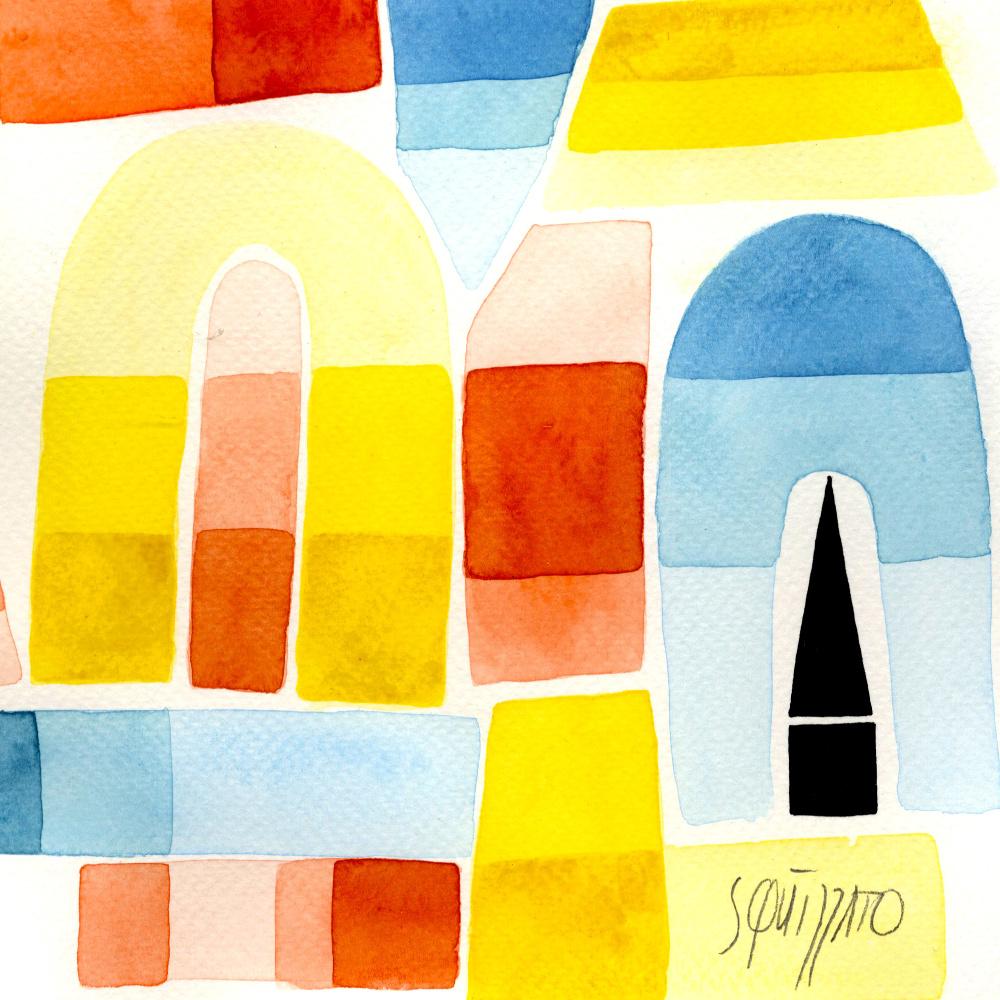 Once Upon a Valley, Large Blue, Yellow, Red and Black Watercolors and Ink For Sale 1