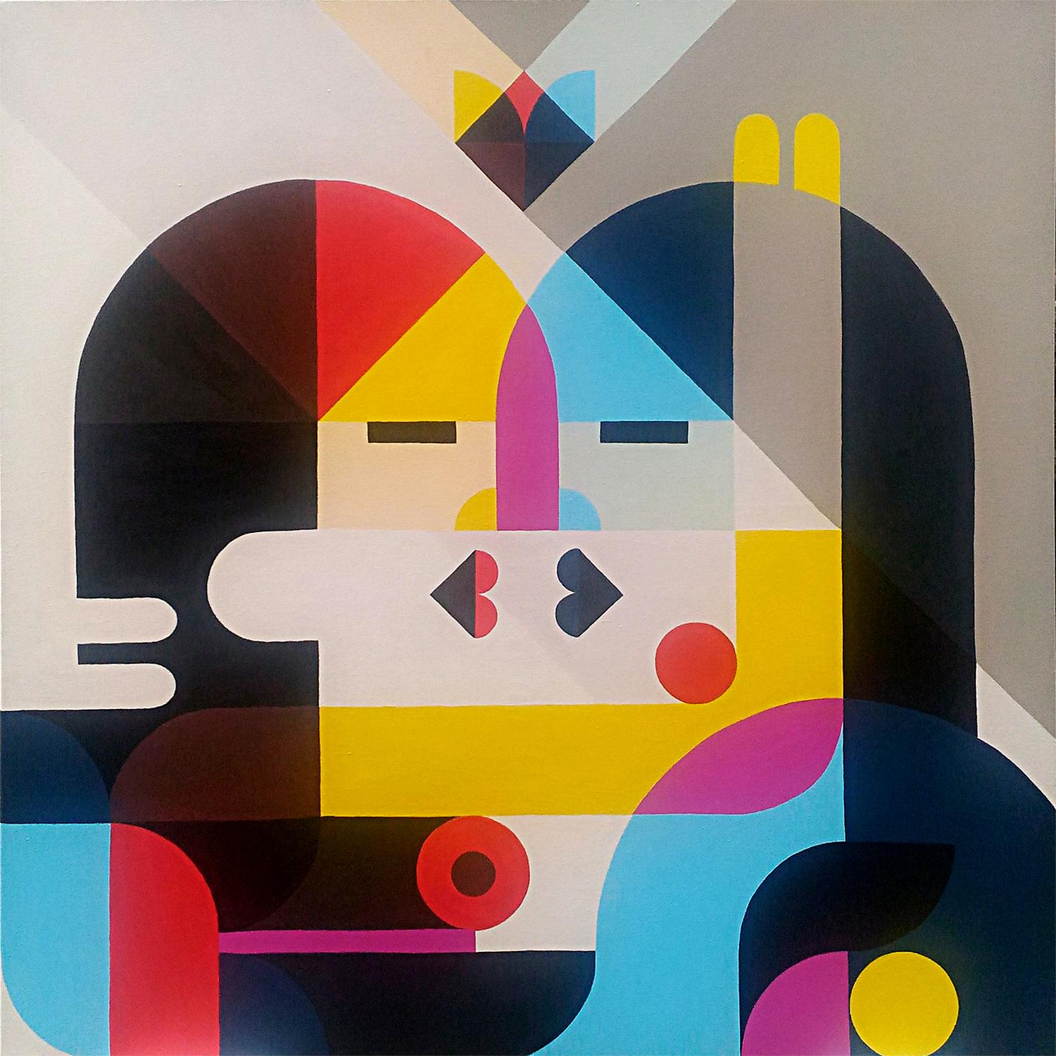 Antony Squizzato Figurative Painting - "Nose to nose", Neue Constructivist Multicolored Acrylic Painting