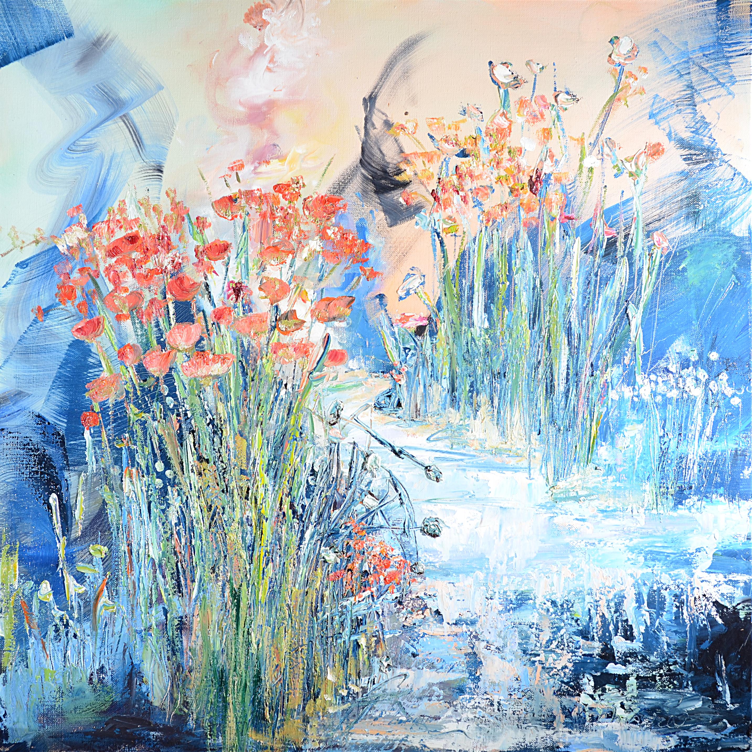 Chicorée Abstract Painting - "Angel's Garden", Colorful Abstract Landscape Squared Oil Painting