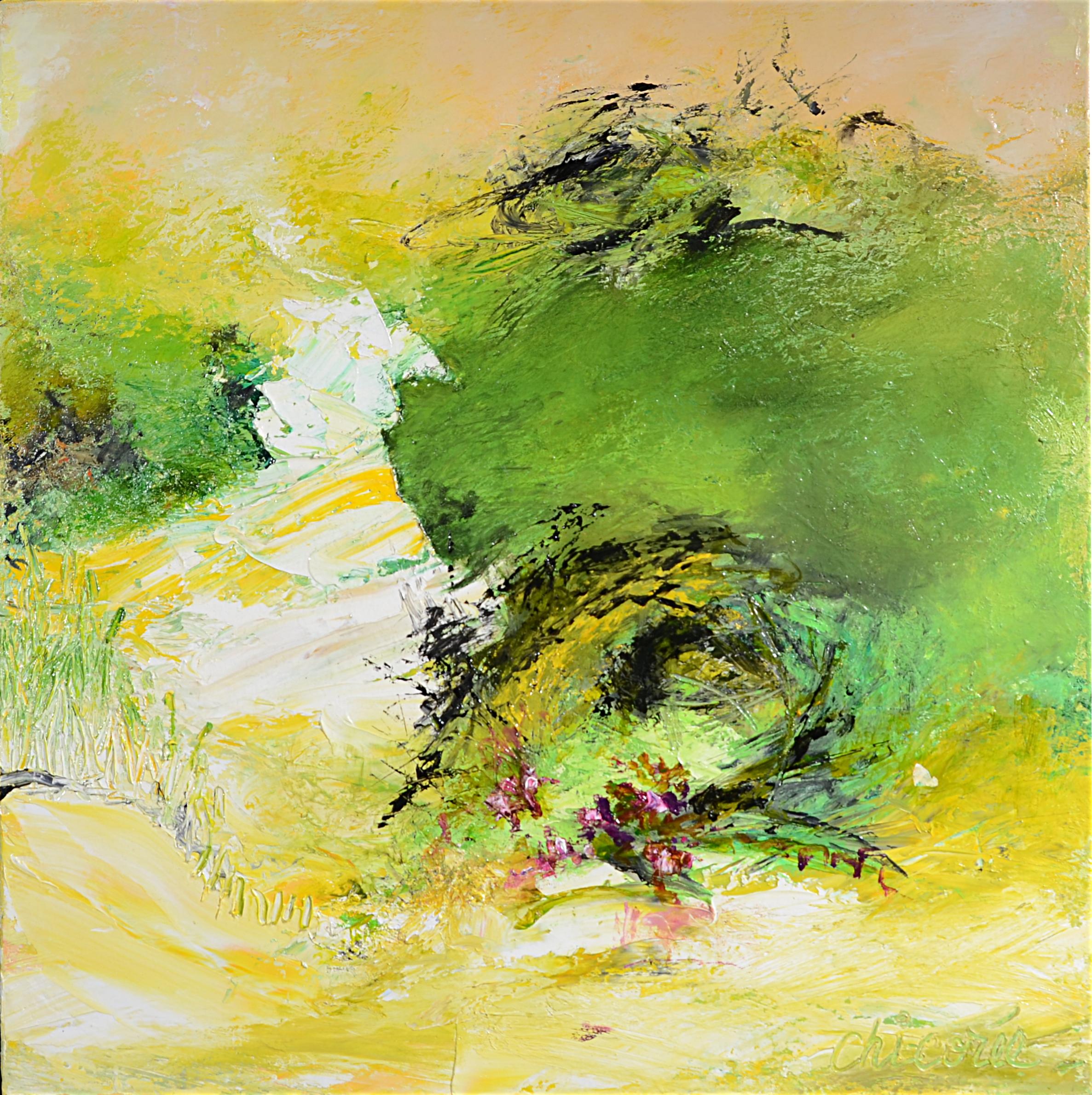 Chicorée Landscape Painting - "Giverny", Yellow and Green Abstract Landscape Squared Oil Painting