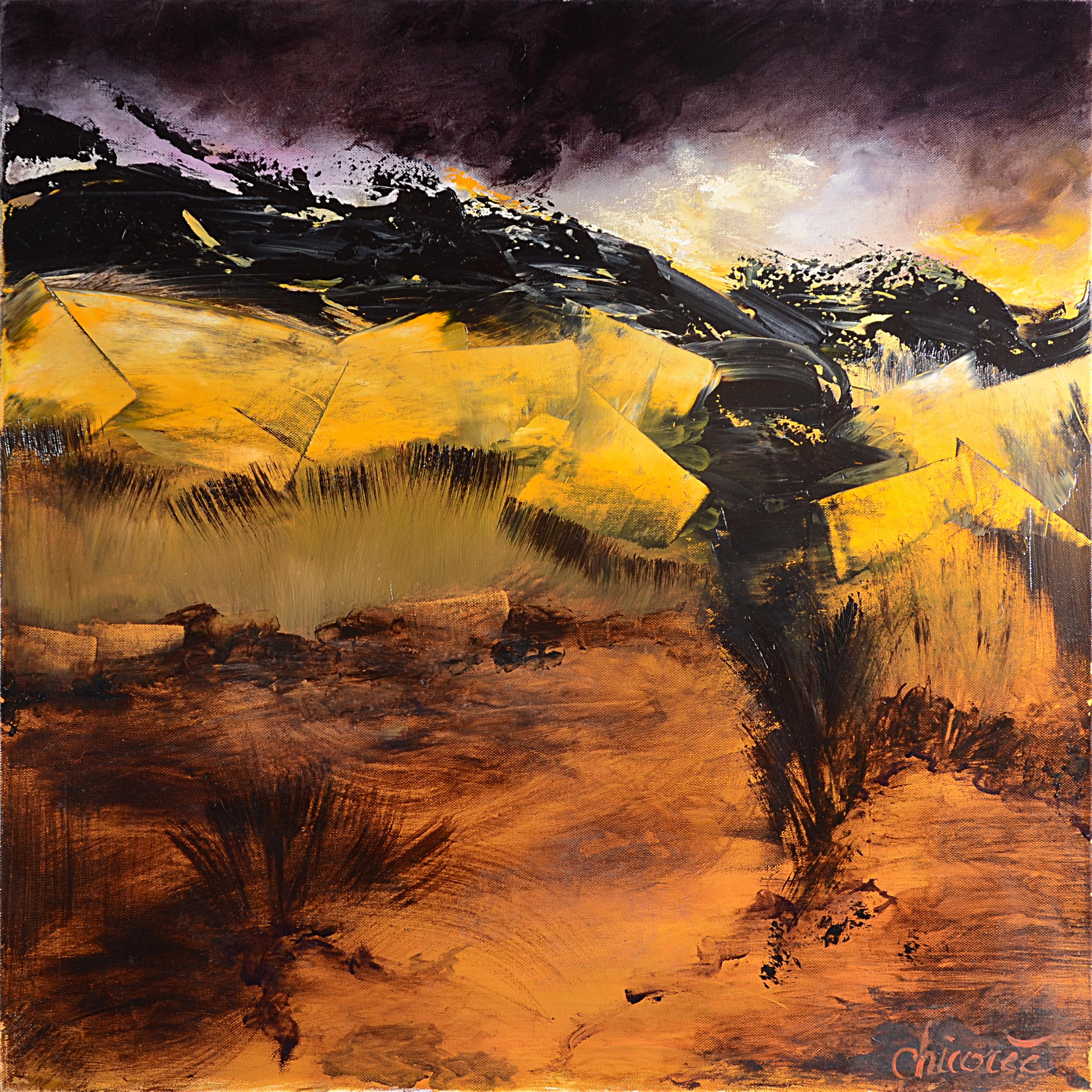 Chicorée Landscape Painting - Shadow and Light #2 ("Ombre et Lumière"), Black and Orange-Brown Oil Painting