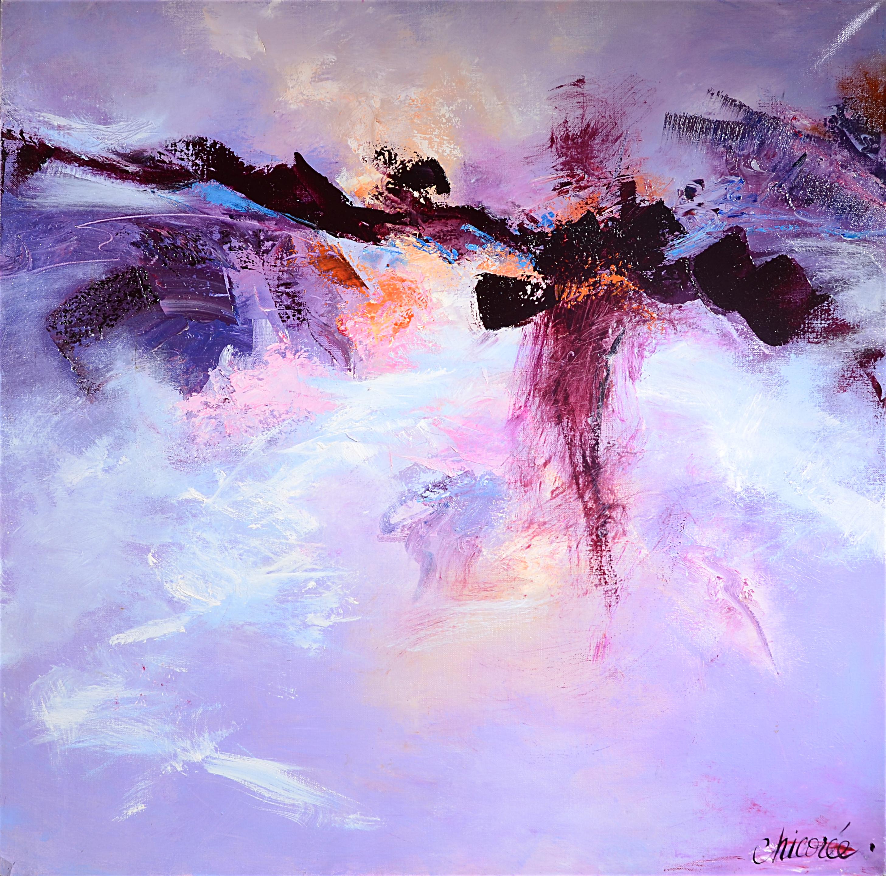 Chicorée Abstract Painting - The Woman ("La femme"), Large Purple Abstract Squared Oil Painting