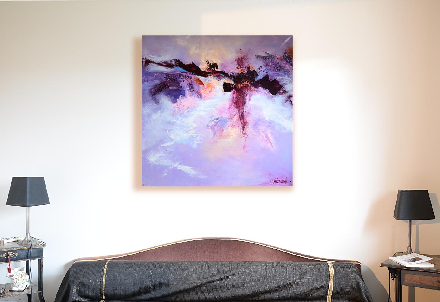  This piece is not framed.

Chicorée is a French artist, mostly influenced by William Turner, Zao Wou-Ki, Georges Mathieu, and colors of Vincent Van Gogh.  She paints mostly with bare hands and fingers, and sometimes with knife, and never with a