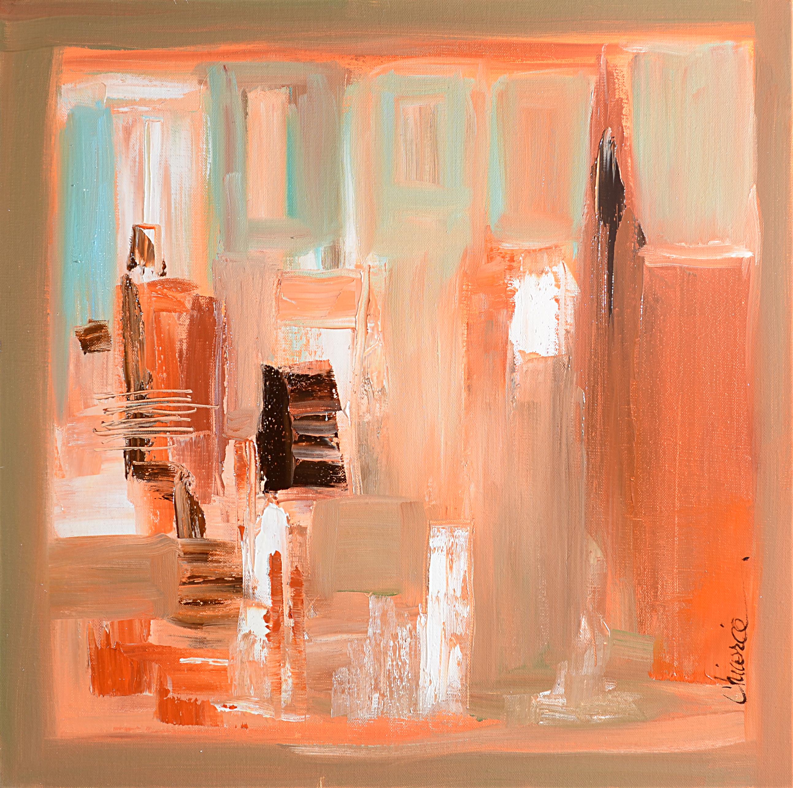 Chicorée Abstract Painting – "Studio n° 1", Light Brown and Orange Red Abstract Interior Squared Oil Painting