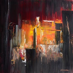 "Studio n° 2", Orange on Dark Abstract Interior Squared Oil Painting