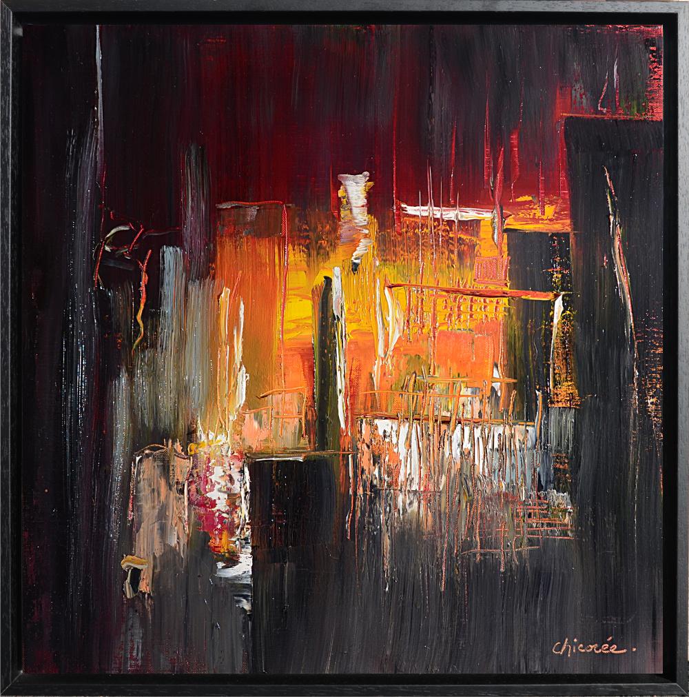 This piece is framed with a simple black wooden L-frame (silver-gilded cavetto-moulded wooden frame on-demand, with a surcharge and delay).

Chicorée is a French artist, mostly influenced by William Turner, Zao Wou-Ki, Georges Mathieu, and colors of