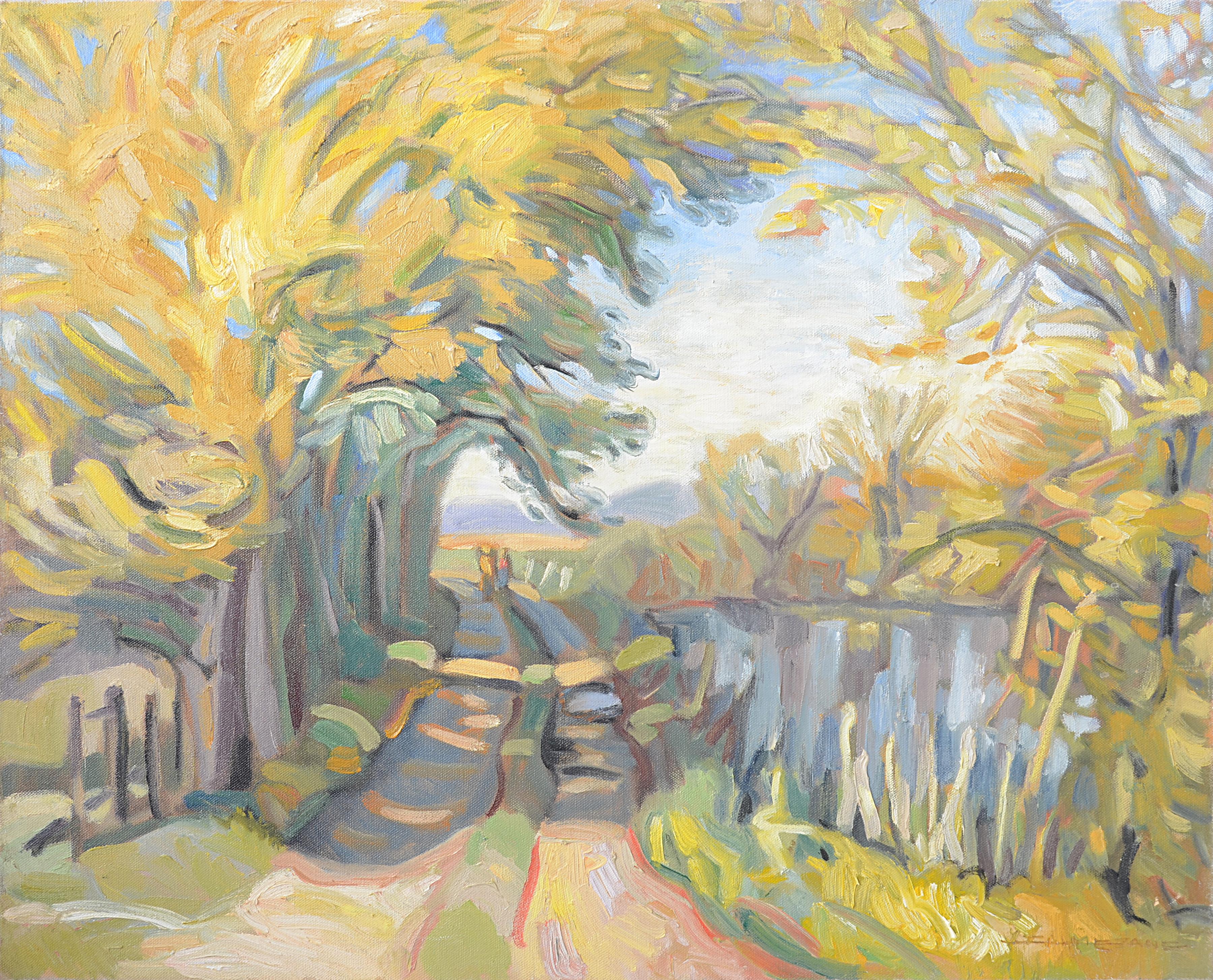 Yves Calméjane Landscape Painting - "Beside the Pond" ("Au bord de l'étang"), Impressionist Landscape Oil Painting