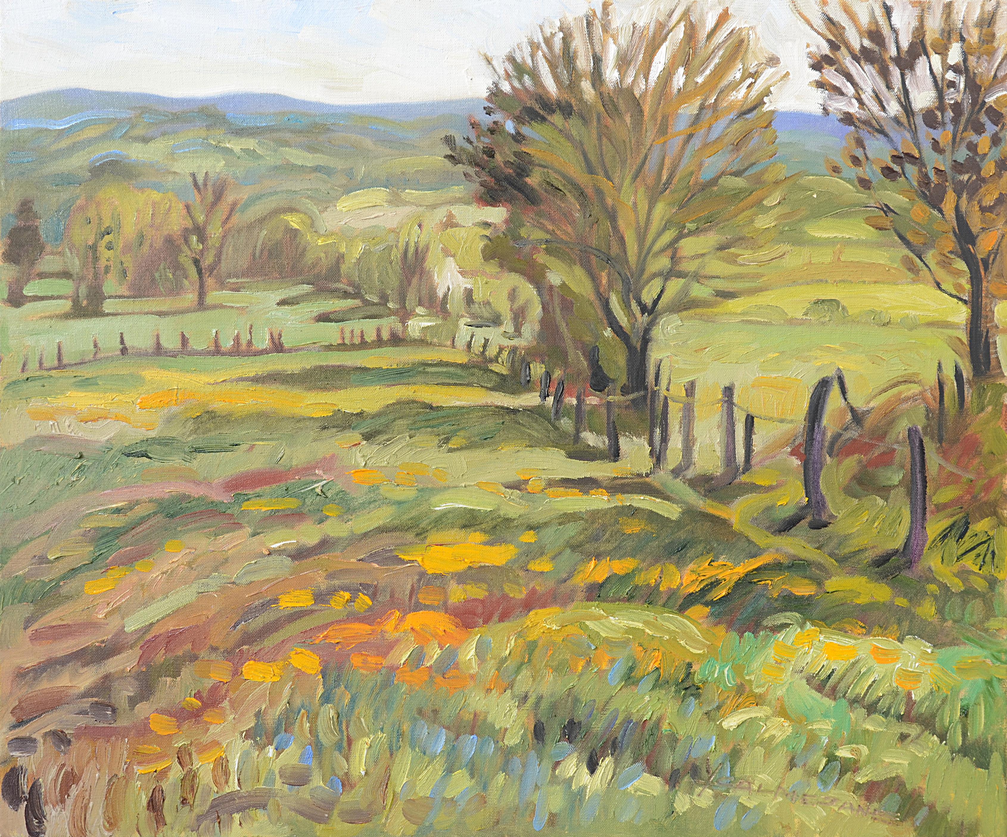 Yves Calméjane Landscape Painting – „Prairie gefüttert von einem Fußweg“:: impressionistisches Landschaftsgemälde:: Öl
