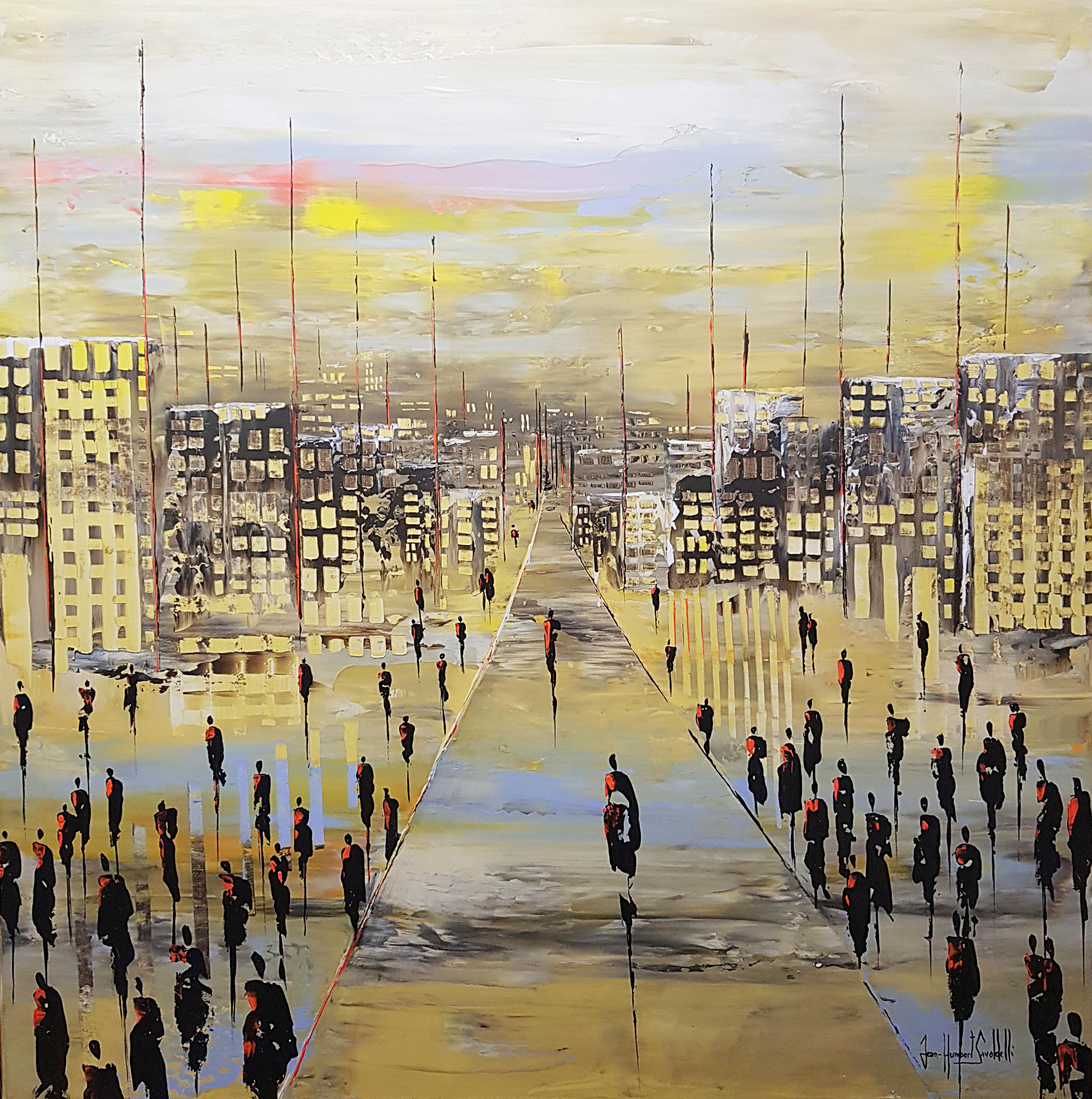 Jean-Humbert Savoldelli Abstract Painting – „Infinitely“, Yellow Road, City, People and Buildings Abstrakte Landschaft