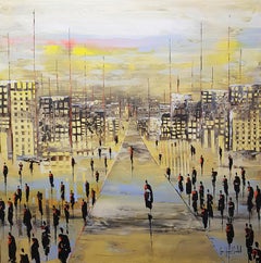 „Infinitely“, Yellow Road, City, People and Buildings Abstrakte Landschaft